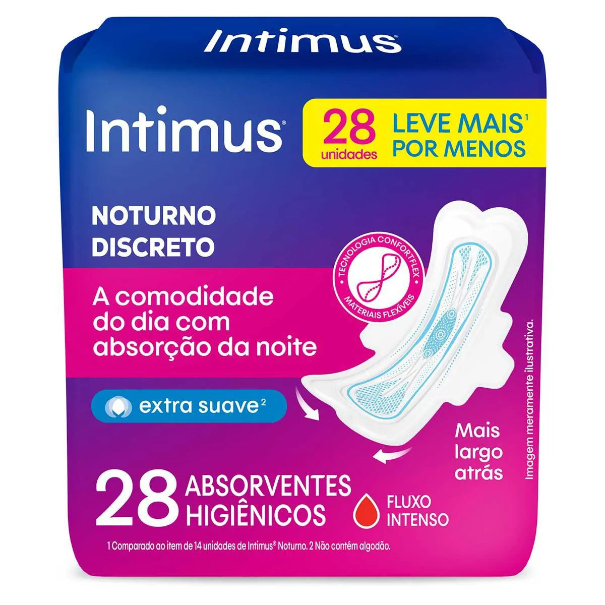 ABSORVENTE INTIMUS NOTURNO DISCRETO COBERTURA SUAVE COM ABAS COM 28 UNIDADES